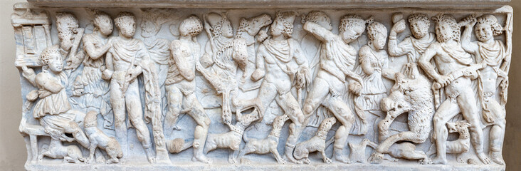 SALERNO, ITALY - OCTOBER 6, 2025: The relief on the ancient roman sarcophagus (reused in medieval) ...