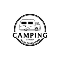 A collection of campground logos blending classic badge elements and camper illustrations, capturing the spirit of travel and exploration.