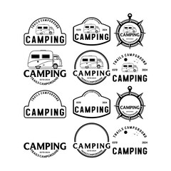 A collection of campground logos blending classic badge elements and camper illustrations, capturing the spirit of travel and exploration.