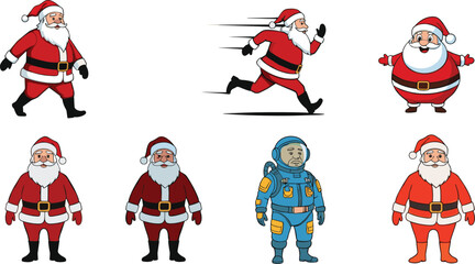 Santa Claus characters in various styles, running, walking, cartoon, vector illustration set, holiday artwork, Christmas design elements, festive collection