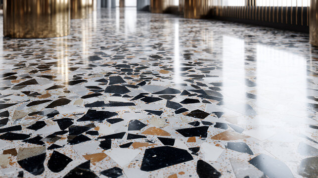 Polished terrazzo floor interior with modern architectural design