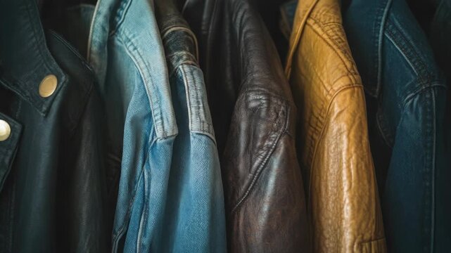 Video A collection of leather jackets displayed on a rack, ideal for fashion and style related uses