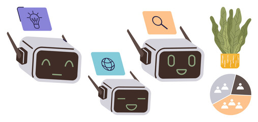 Cute AI robots displaying tasks including innovation, research, and networking with icons for ideas, searching, and connection. Ideal for technology, teamwork, automation, innovation research