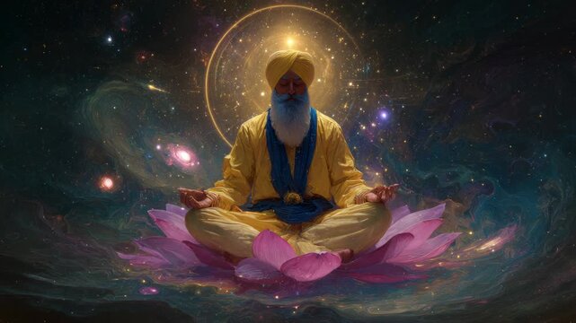 Sikh man meditating on lotus with galaxy background in cosmic balance