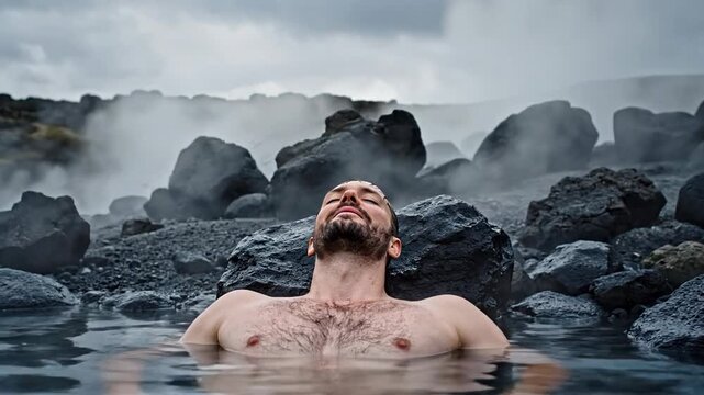 Man relaxing in hot spring, serene geothermal landscape, peaceful escape in volcanic terrain, rejuvenating natural spa experience, mindfulness and tranquility
