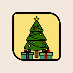 Cartoon Christmas tree with colorful ornaments, bright yellow star, and neatly wrapped green gift boxes on soft beige background