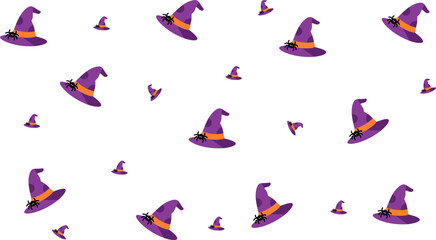 Seamless pattern of purple witch hats with orange bands and cute black spiders on clean white background