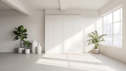 Minimalist interior design with plants and natural light coming through window