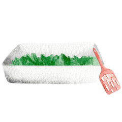 A cat litter box with litter and a scoop nearby. Hand-drawn watercolor illustration. Simple illustration of accessories for a domestic cat.
