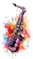 saxophone with musical notes on red background