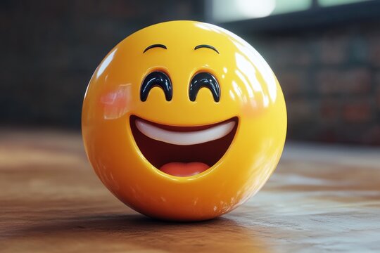 A vibrant yellow emoji with a wide, toothy grin and expressive eyes, set against a rustic wooden background.