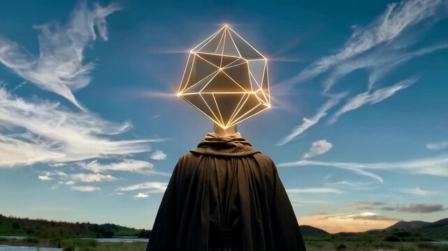 A person with a glowing brain and radiant light emanating from their head, set against a bright sky with clouds and sunlight rays