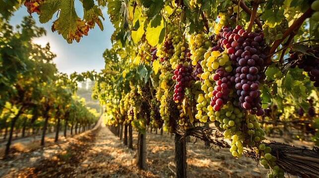 Closeup of ripe grapes hanging on vines in a sunlit vineyard, showcasing the abundance and beauty of the harvest season with a focus on natural growth