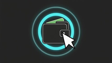Digital wallet with glowing blue circle and mouse cursor indicating online payment.