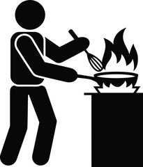 Cooking preparation chef person black silhouette stir frying on flaming stove