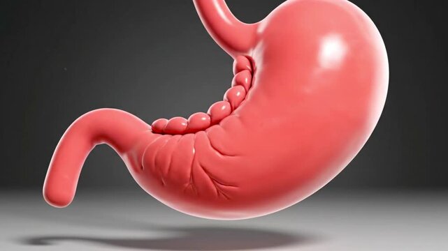 A detailed view of a stomach organ with its anatomical structure on a gray gradient background