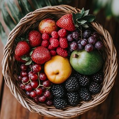 A vibrant assortment of fresh fruits in a woven basket showcasing strawberries, grapes, blackberries, and a pear, emphasizing their rich colors and natural textures.
