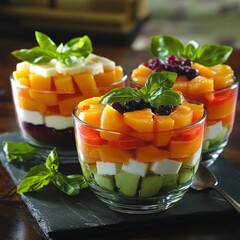 Colorful Layered Fruit and Cheese Salad in Glass Bowls Garnished with Fresh Basil for a Refreshing Appetizer