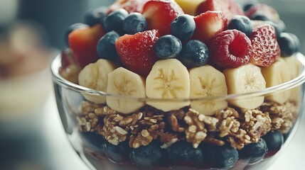 Vibrant Fruit Parfait with Fresh Berries and Banana Slices Layered Over Granola in a Glass Dish