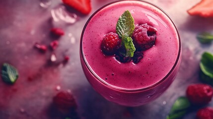 Refreshing Raspberry Smoothie Topped with Fresh Mint Leaves and Surrounded by Berries in a Vibrant Composition