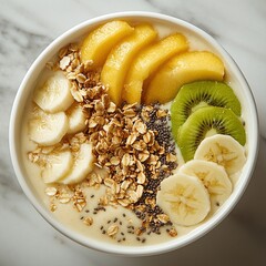 Delicious and Nutritious Smoothie Bowl Topped with Fresh Bananas, Kiwi, Peaches, Granola, and Chia Seeds for a Healthy Breakfast