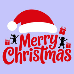 Merry christmas text with a classic santa hat vector illustration, joyful children silhouettes and gift boxes.