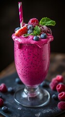 Vibrant Dragon Fruit Smoothie in Tall Glass with Fresh Berries and Mint Garnish on Wooden Table