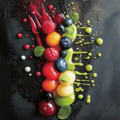 Vibrant Array of Fresh Berries and Citrus Fruits with Colorful Sauces on Dark Background