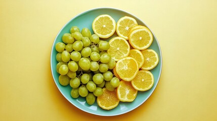 Fresh and Vibrant Fruit Arrangement of Green Grapes and Sliced Oranges on a Blue Plate with Yellow Background
