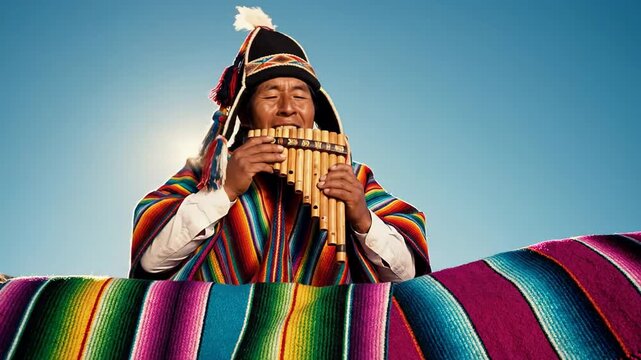 Indigenous man plays pan flute under clear blue sky, vibrant poncho evokes cultural heritage, sunlight enhances serene atmosphere perfect for festivals