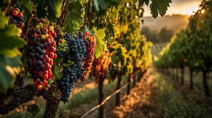 Sunlit vineyard row with ripe grapes in foreground, capturing the essence of winemaking with a focus on the natural beauty and abundance of the harvest season