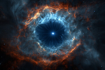 Stunning deep space nebula resembling a cosmic eye with brilliant blue center surrounded by fiery orange gas clouds against the dark expanse of the universe, an abstract astronomical visualization