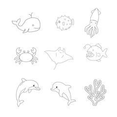 Sea Animals Outline Icon Set. Marine Life Line Art Collection. Cute Ocean Creatures Doodle Bundle. Underwater Wildlife Minimal Icons. Aquatic Animals Outline Illustration Pack.