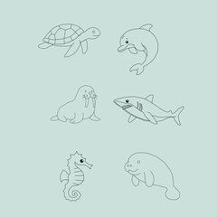 Sea Animals Outline Icon Set. Marine Life Line Art Collection. Cute Ocean Creatures Doodle Bundle. Underwater Wildlife Minimal Icons. Aquatic Animals Outline Illustration Pack.