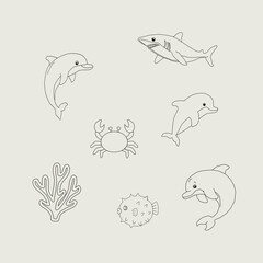 Sea Animals Outline Icon Set. Marine Life Line Art Collection. Cute Ocean Creatures Doodle Bundle. Underwater Wildlife Minimal Icons. Aquatic Animals Outline Illustration Pack.