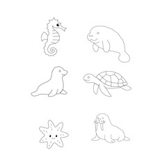 Sea Animals Outline Icon Set. Marine Life Line Art Collection. Cute Ocean Creatures Doodle Bundle. Underwater Wildlife Minimal Icons. Aquatic Animals Outline Illustration Pack.