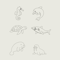 Sea Animals Outline Icon Set. Marine Life Line Art Collection. Cute Ocean Creatures Doodle Bundle. Underwater Wildlife Minimal Icons. Aquatic Animals Outline Illustration Pack.