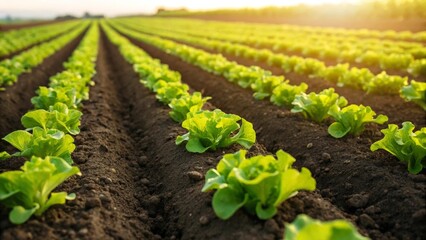 Rows of fresh green lettuce seedlings growing on a farm