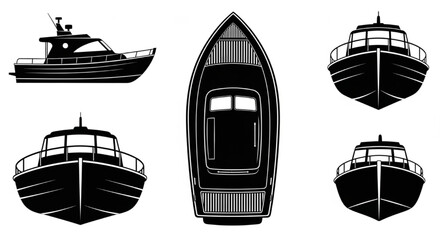 Boat Silhouette Vector Illustration Showing Side, Top, and Front Views in Minimal Marine Design Style

