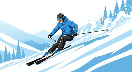 Dynamic skier in blue jacket descending snowy mountain slope with speed and precision, winter sport illustration
