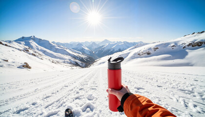Person holding a red water bottle against snowy mountains