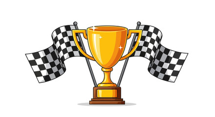 Shiny golden championship trophy cup with two waving checkered racing flags celebrating victory achievement