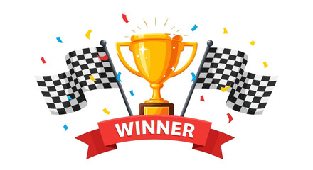 Shiny golden trophy with checkered flags and winner banner surrounded by colorful confetti celebrating achievement