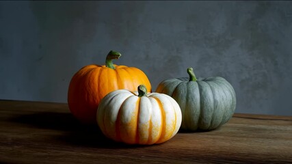 Three pumpkins rest on a wooden surface, a rustic autumnal display, harvest season ambiance with muted colors