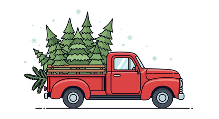 Classic red pickup truck carrying fresh cut evergreen christmas trees home through falling snow illustration