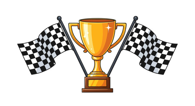 Golden winner's trophy with two checkered racing flags, celebrating triumph and great achievement in sport