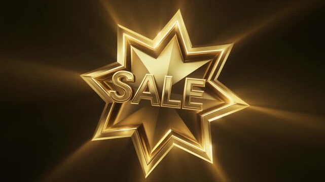 A golden "SALE" emblem radiates light, symbolizing a promotional offer against a dark background.