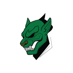 Green Oni Demon Mask Illustration With Fangs.