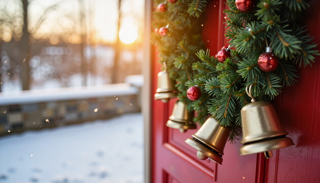 Christmas wreath with bells on red door at sunset