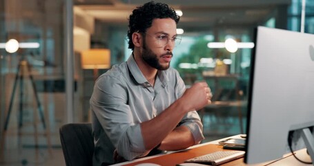 Man, computer and typing at startup, review and glasses for project management at media company. Person, writer and pc with thinking, proposal and editing process with article at creative agency